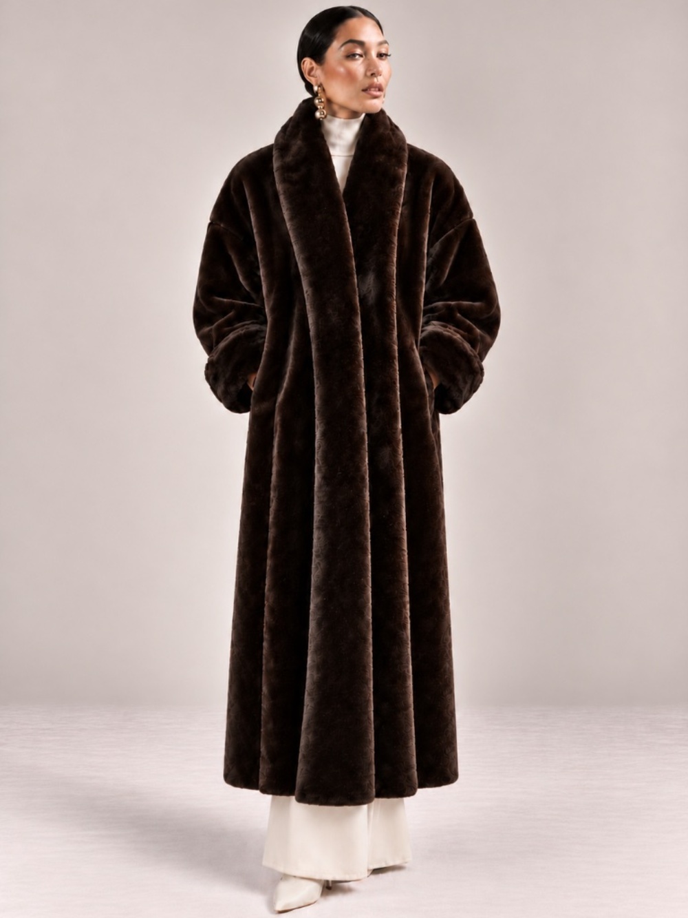 Donnybrook Vintage Espresso Brown Plush Velvet Faux Fur Full Length Coat M